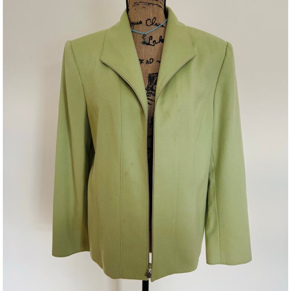 Albert Nipon Women 100% Wool Mint Lime Green Lined Full Zip 90s Blazer Jacket 14